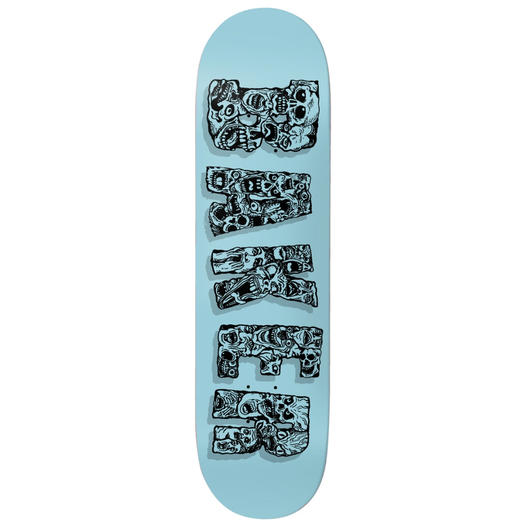 Skateboard deck with black graphic design on a light blue background