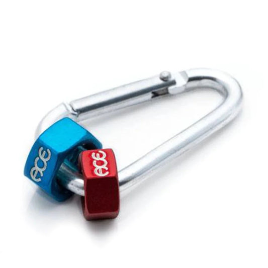 Red and blue Ace re-threader die on a carabiner clip