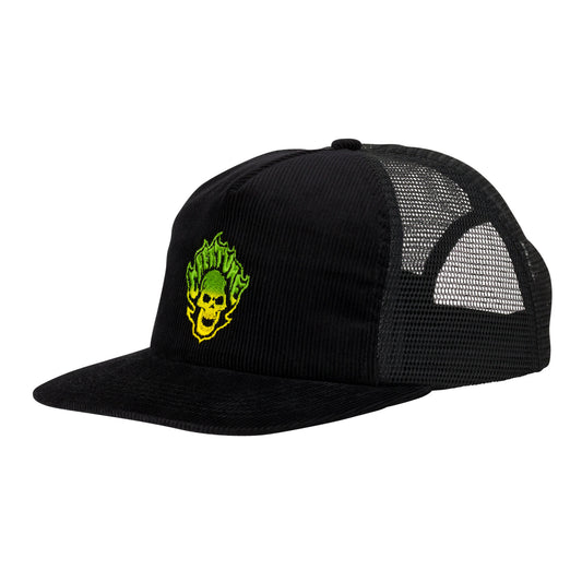 Black cap with green and yellow skull design on a white background