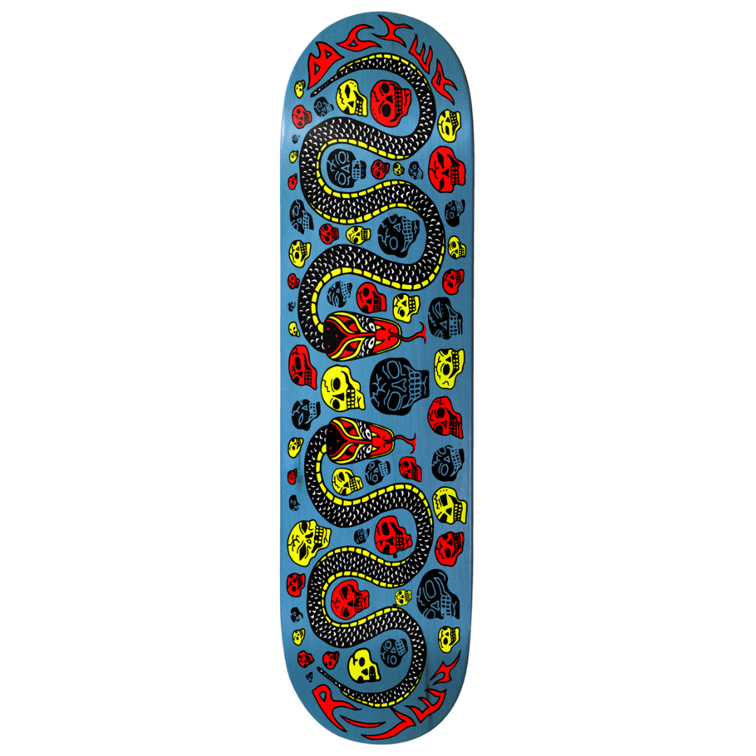 A skateboard deck featuring a light blue background with a detailed graphic of a black snake wrapped through red, yellow, and black skulls, with the brand name 'AGCUL' printed in red at the top.