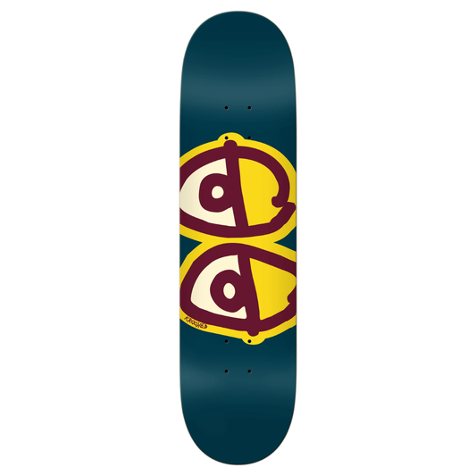 A skateboard deck shown vertically against a plain white background. The deck has a dark teal-blue base with a large graphic in the center featuring two stylized yellow eyes outlined in maroon.