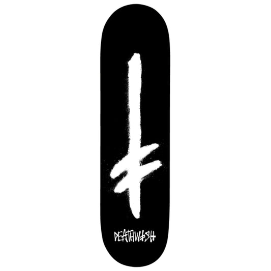 Black skateboard deck with white logo and 'Deathwish' branding on a white background