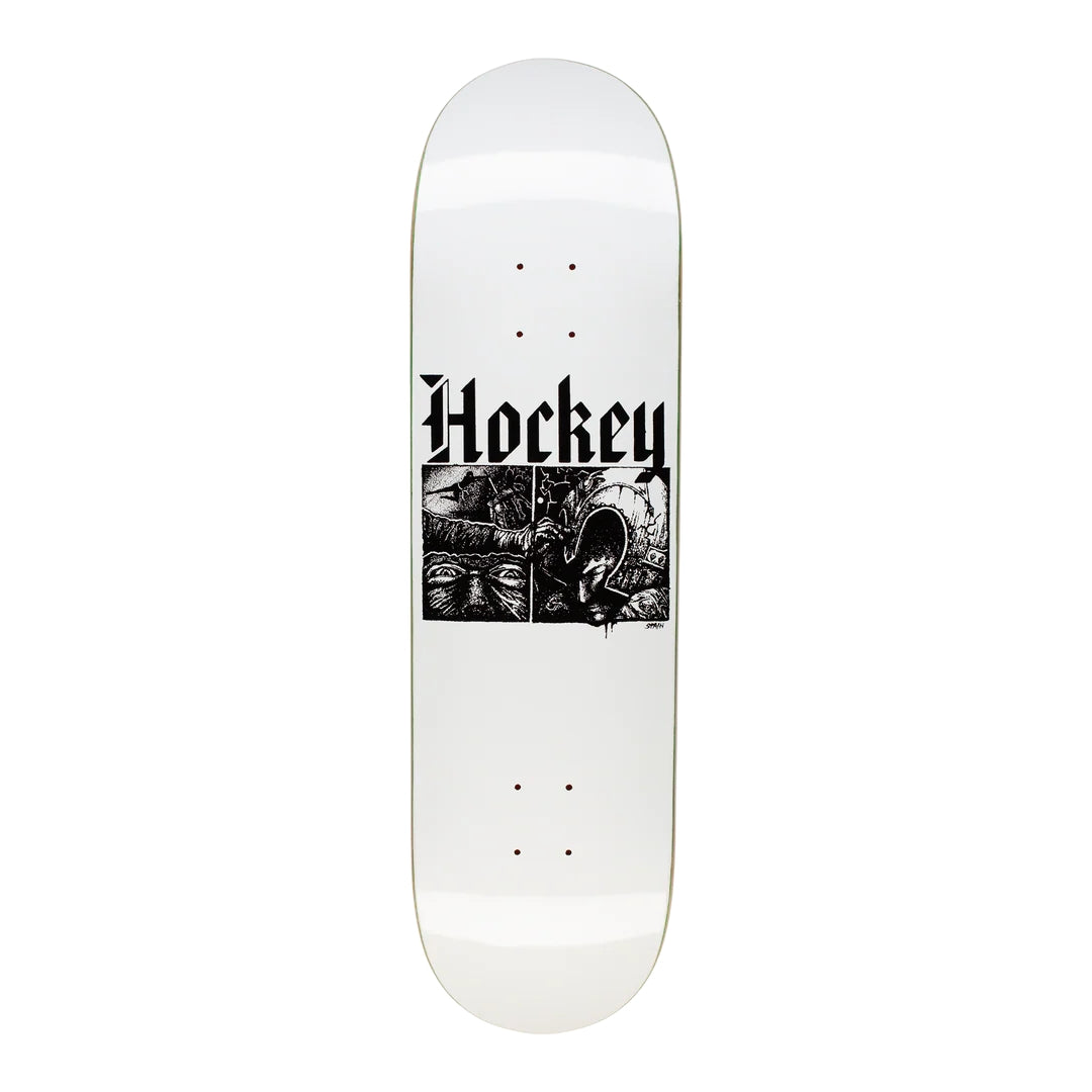 White skateboard deck with black graphics and 'Hockey' branding on a white background