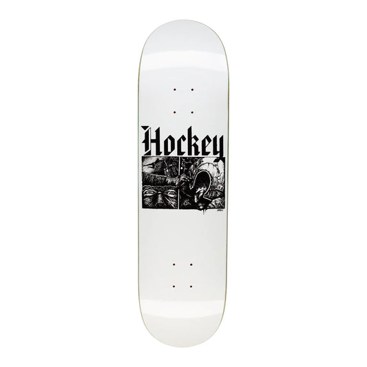 White skateboard deck with black graphics and 'Hockey' branding on a white background