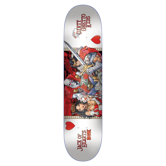 Skateboard deck with 'Jack of Hearts' design featuring cartoon characters and hearts on a white background.