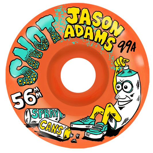 Skateboard wheel with 'Jason Adams' branding and cartoon character on an orange background