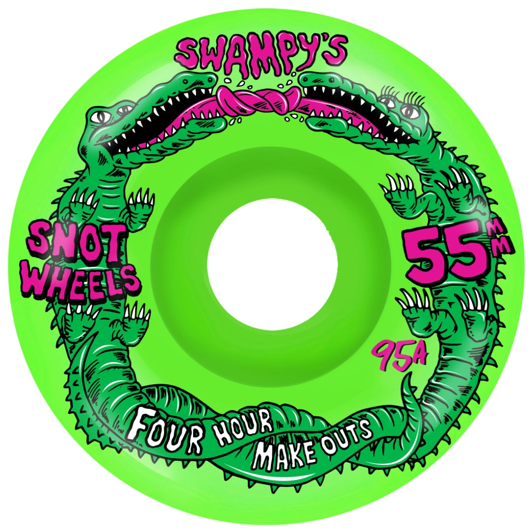 Green skateboard wheel with green crocodile design and text on a white background