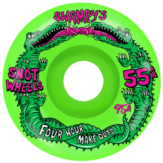 Green skateboard wheel with green crocodile design and text on a white background