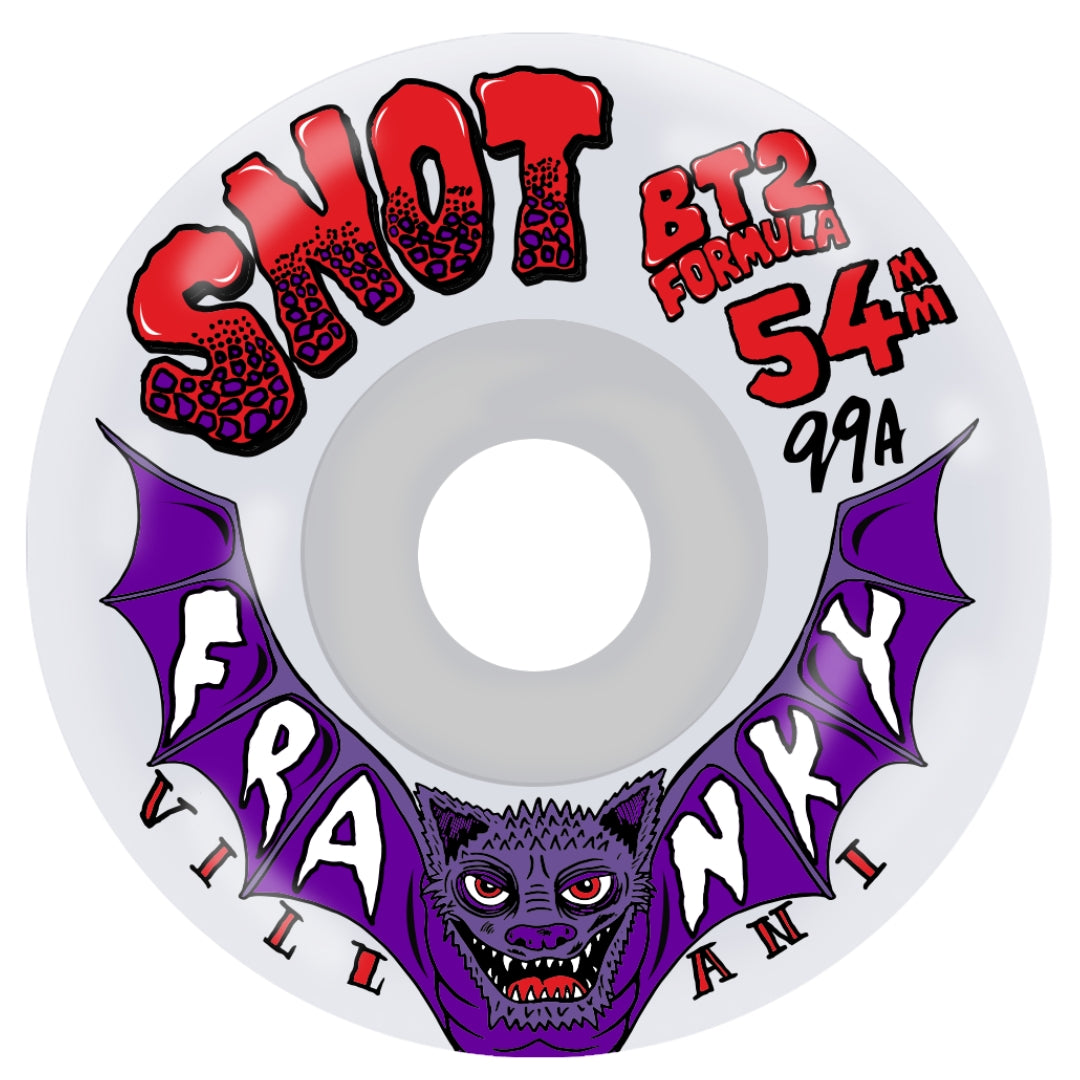 Skateboard wheel with Snot Formula branding and purple bat design on a white background