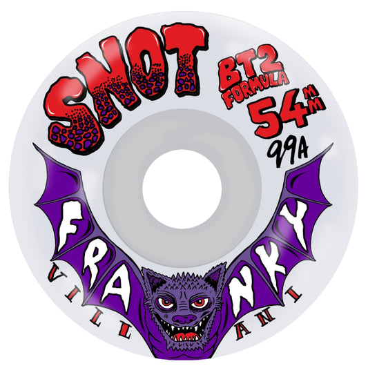 Skateboard wheel with Snot Formula branding and purple bat design on a white background