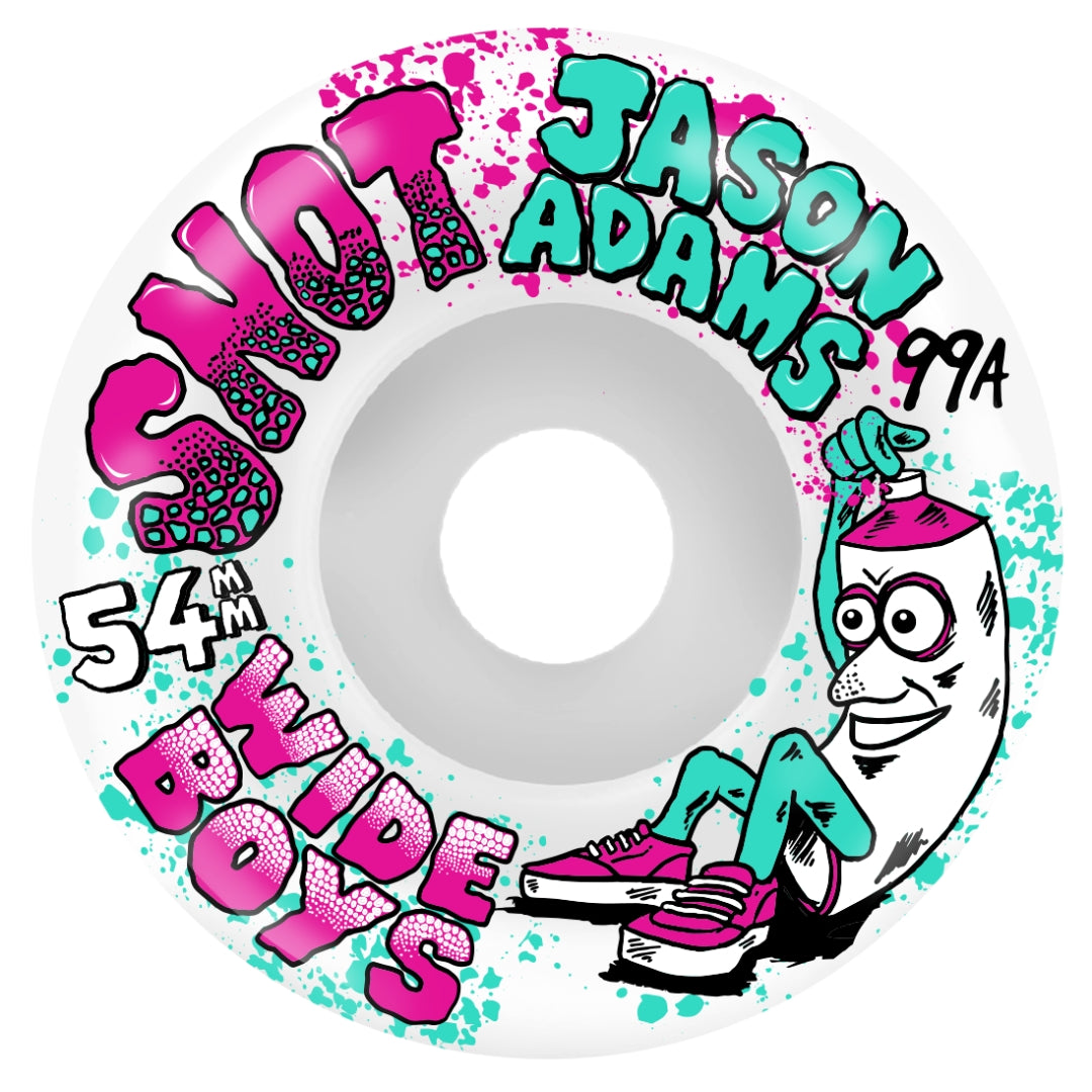 Skateboard wheel with colorful graphics and text, featuring 'Jason Adams' and '54th Side Boys'.