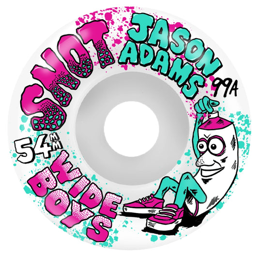 Skateboard wheel with colorful graphics and text, featuring 'Jason Adams' and '54th Side Boys'.