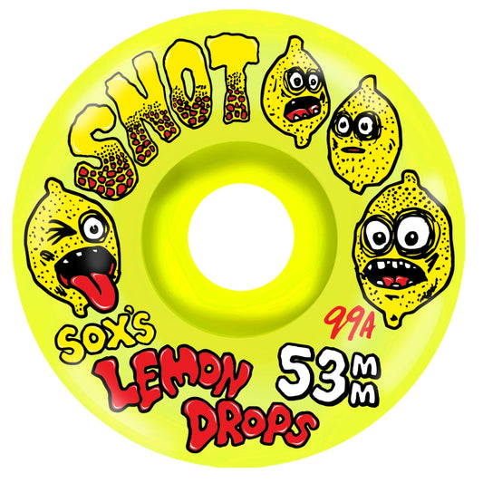 Skateboard wheel with lemon character design and 'Shot' branding on a yellow background