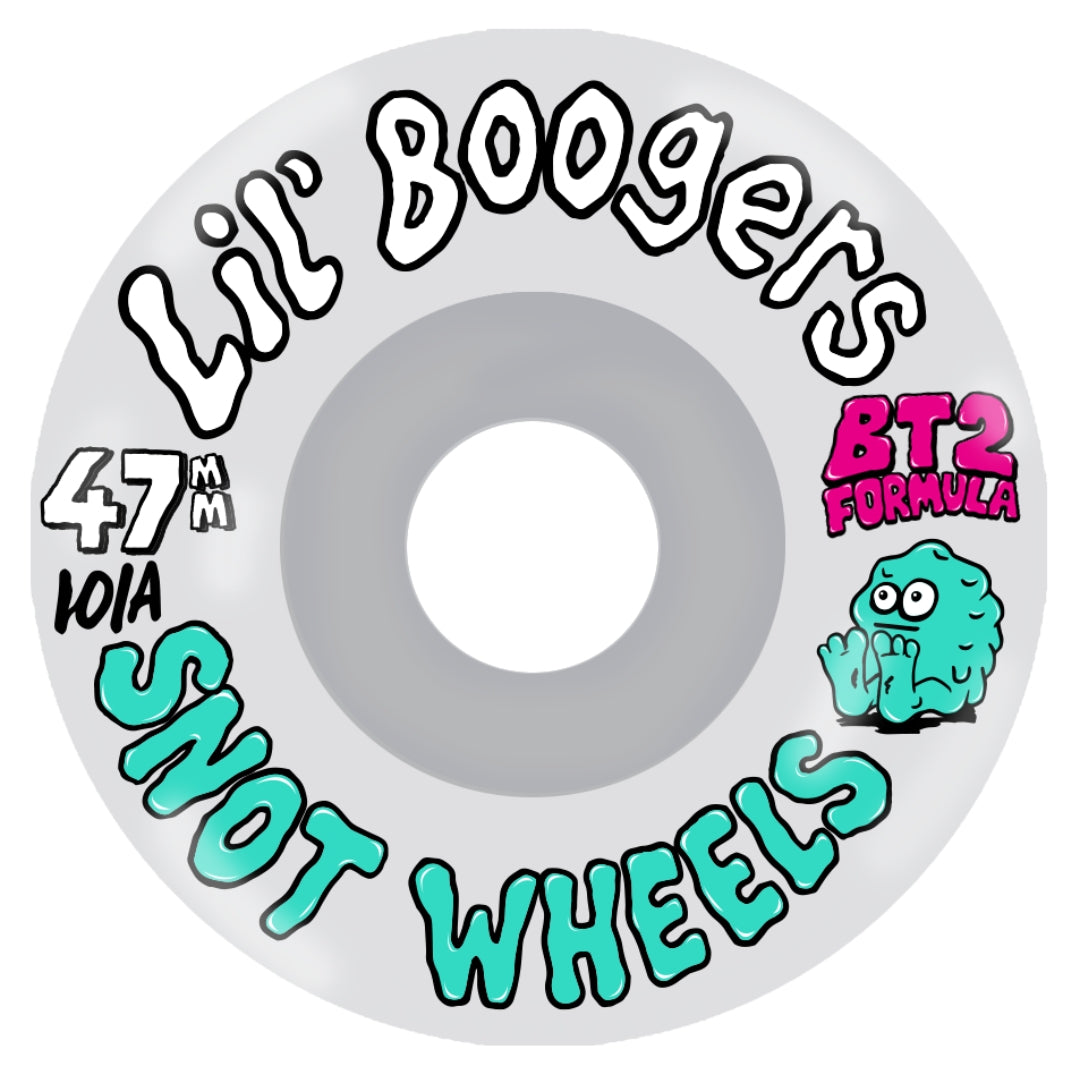Wheels with 'Lil' Boogers' branding and colorful text on a white background