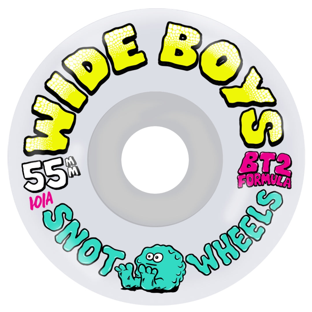 Skateboard wheel with 'Wide Boys' and 'Snot Wheels' branding on a white background