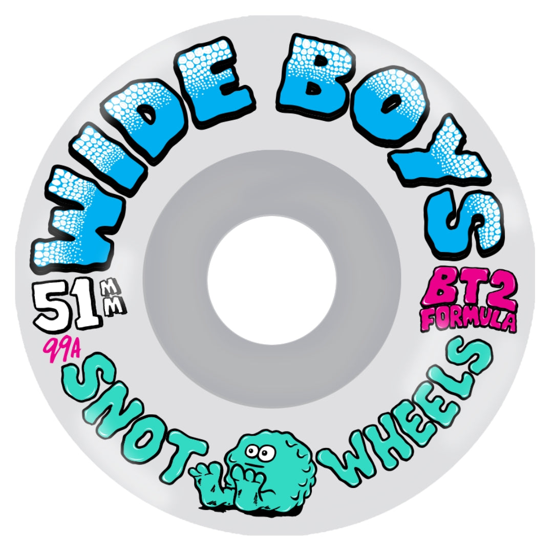 Skateboard wheel with 'Wide Boys' and 'Snot Wheels' branding on a white background