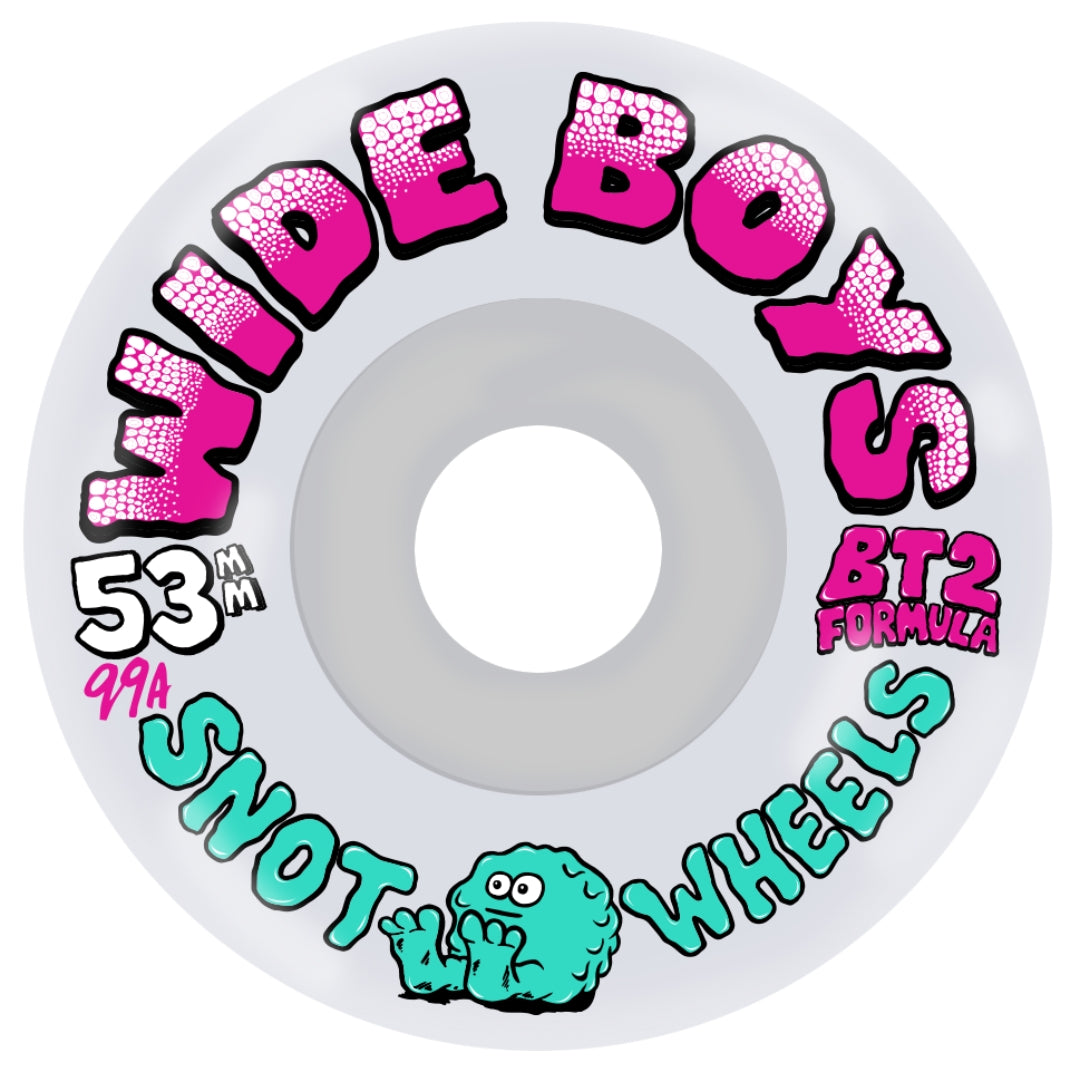 Wide Boys Snot Wheels skateboard wheel with colorful text and a cartoon character on a white background