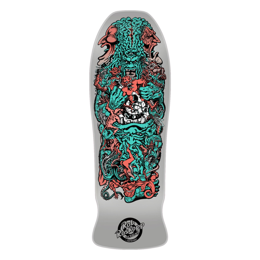 A long, narrow skateboard deck with a rounded nose and tail, featuring a highly detailed, colorful graphic of a monstrous creature in teal and red with a skull motif, on a light gray base. The 'Rothco' brand logo is visible in a circular emblem near the tail.
