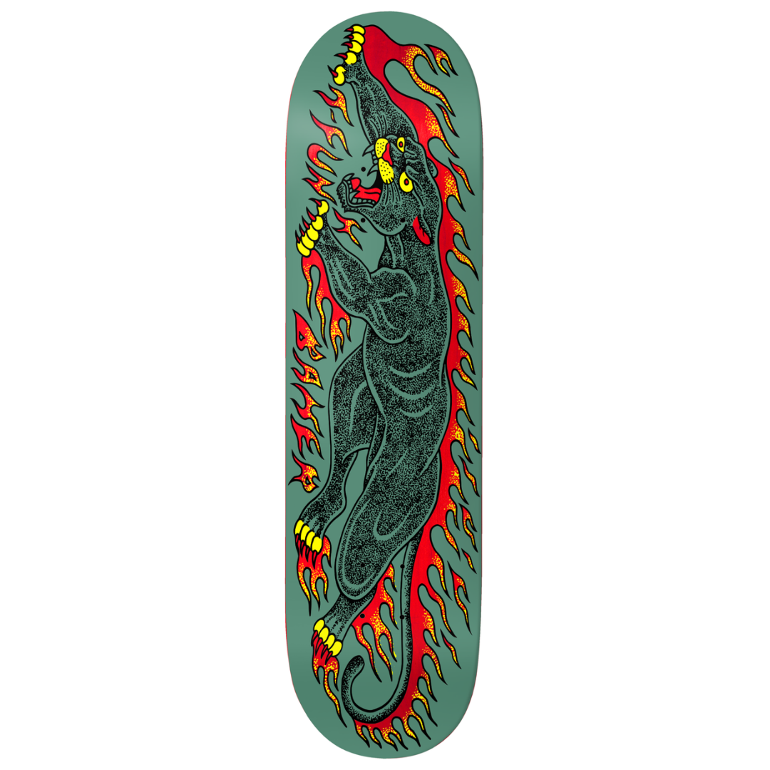 A skateboard deck shown vertically against a plain white background, featuring a detailed graphic of a black panther surrounded by red and orange flames with yellow accents on a muted teal-green base.