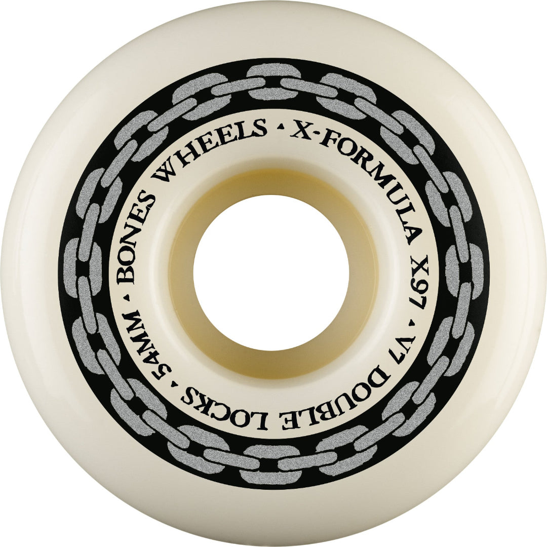 White wheel with black chain design and text on a white background