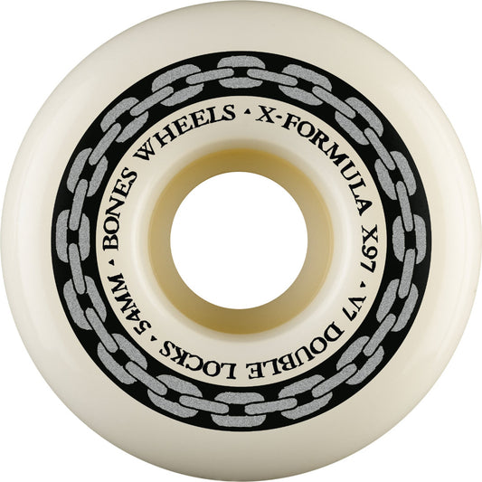 White wheel with black chain design and text on a white background