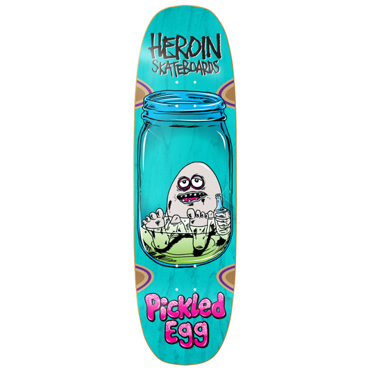 A Herdin Skateboards deck featuring a colorful graphic of a pickled egg in a glass jar on a turquoise background, with the text 'HERDIN SKATEBOARDS' at the top and 'Pickled Egg' at the bottom.