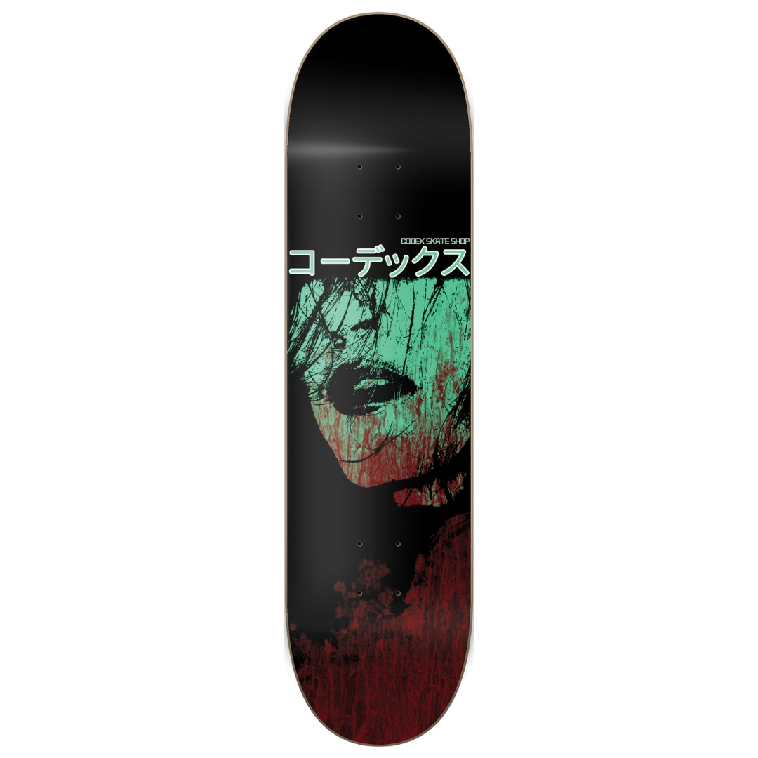Skateboard deck with a graphic design on a white background