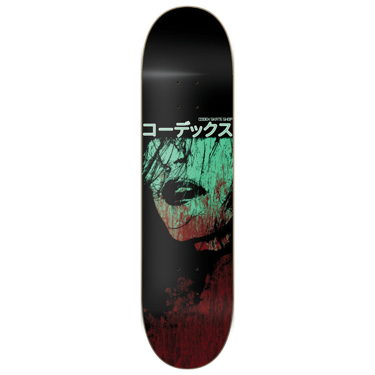 Skateboard deck with a graphic design on a white background