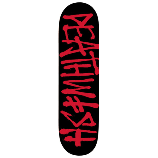 Black skateboard deck with red 'DEATH' text on a white background