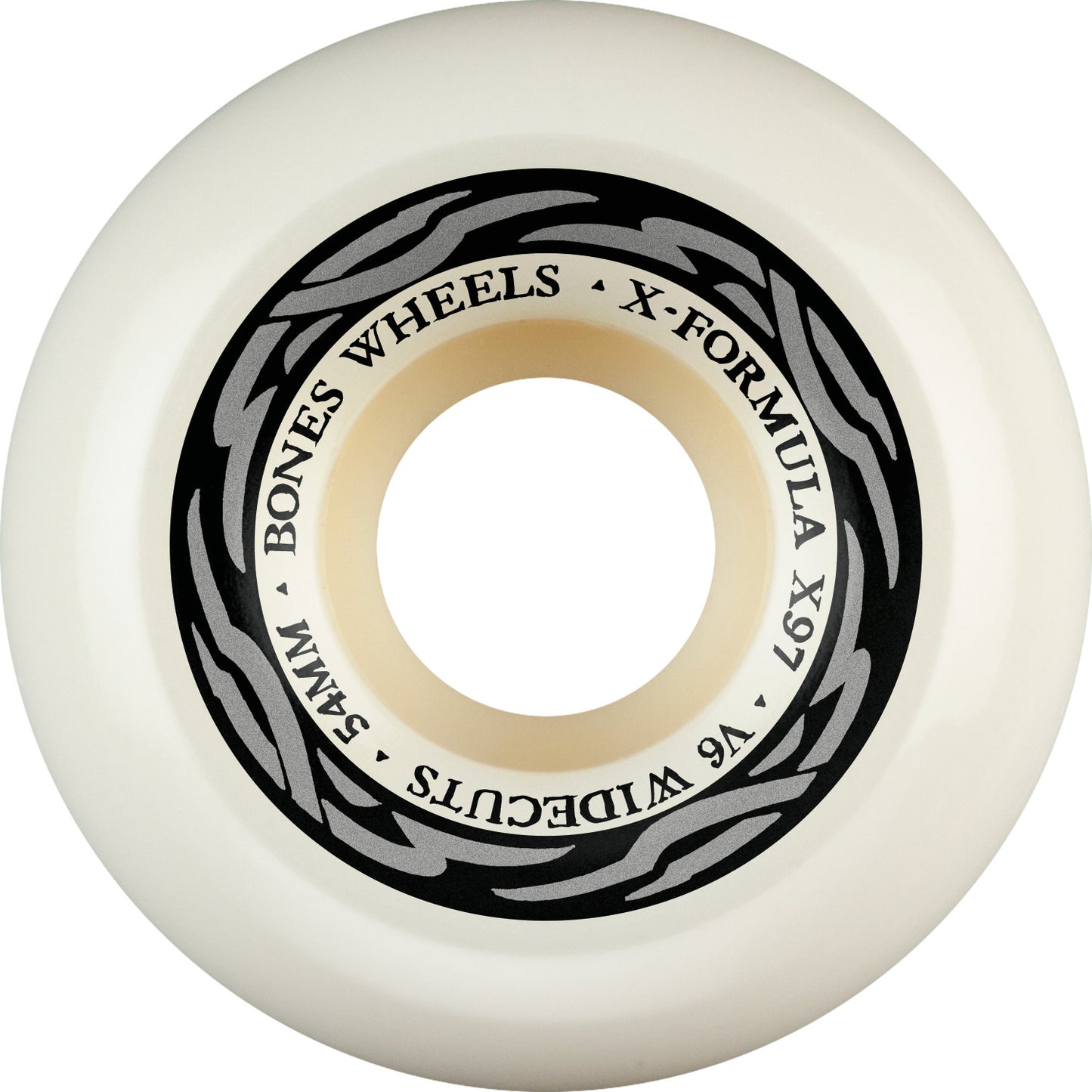 White skateboard wheel with black text and branding on a white background