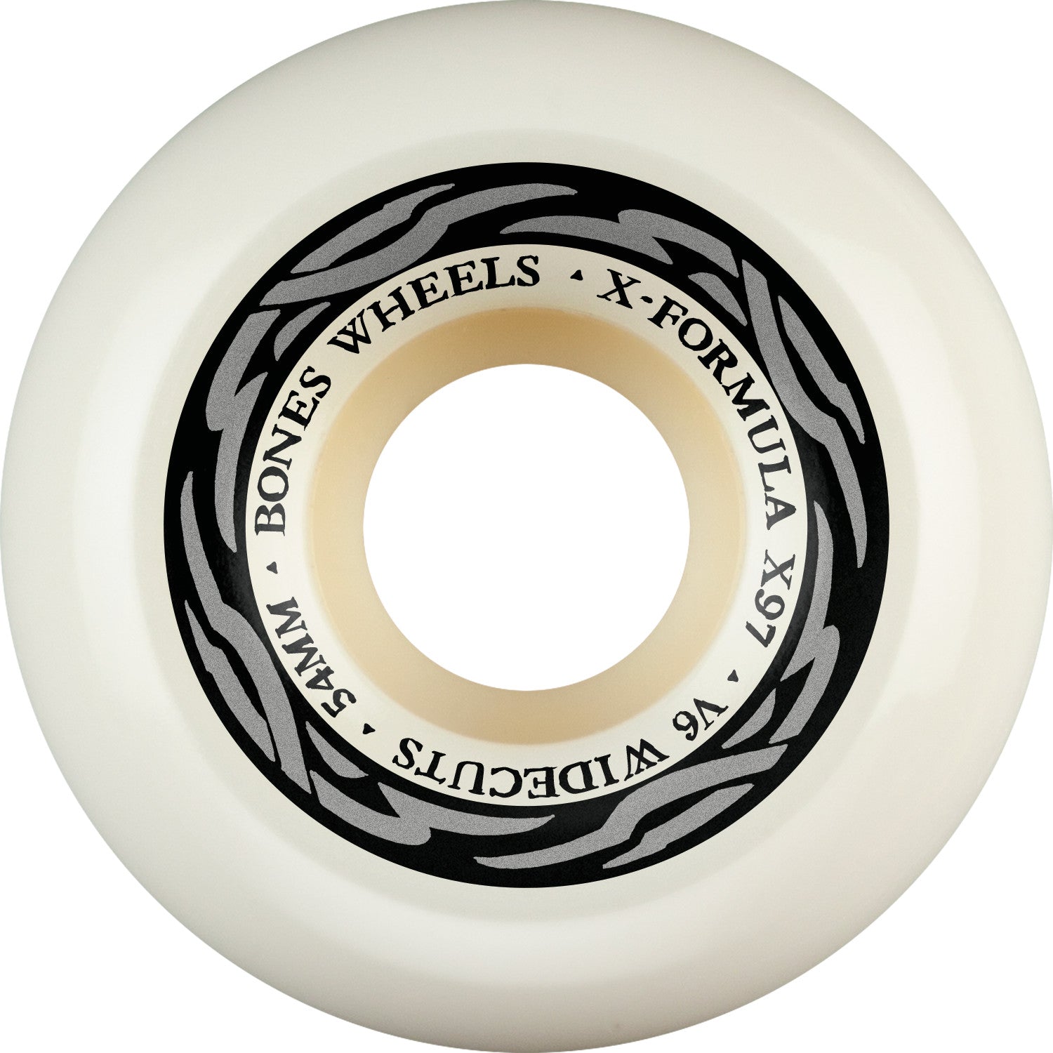 White skateboard wheel with black text and branding on a white background