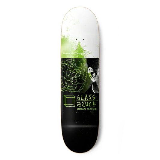Skateboard deck with a design featuring a person's face and text on a white background