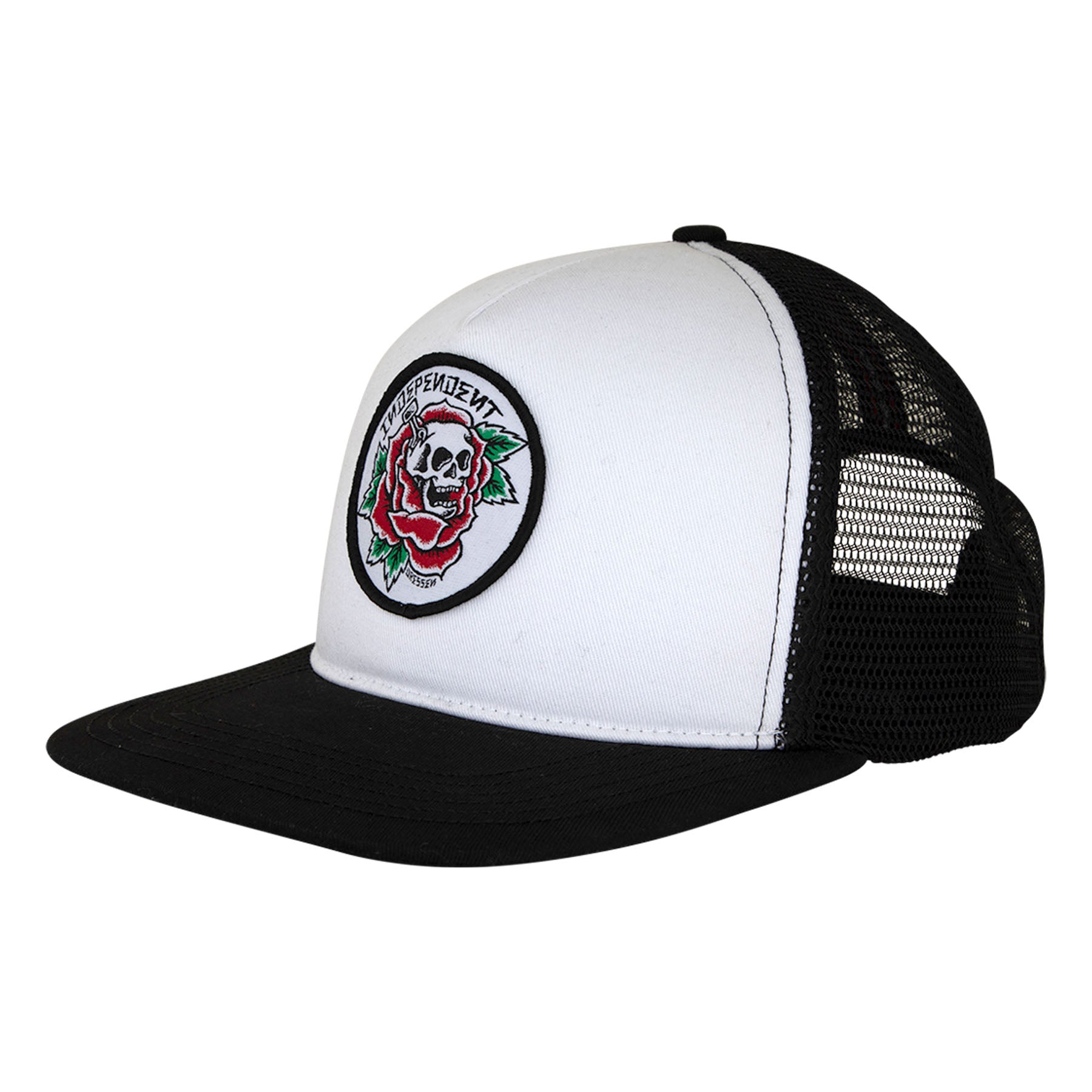 White and black trucker hat with a skull and rose patch on a white background