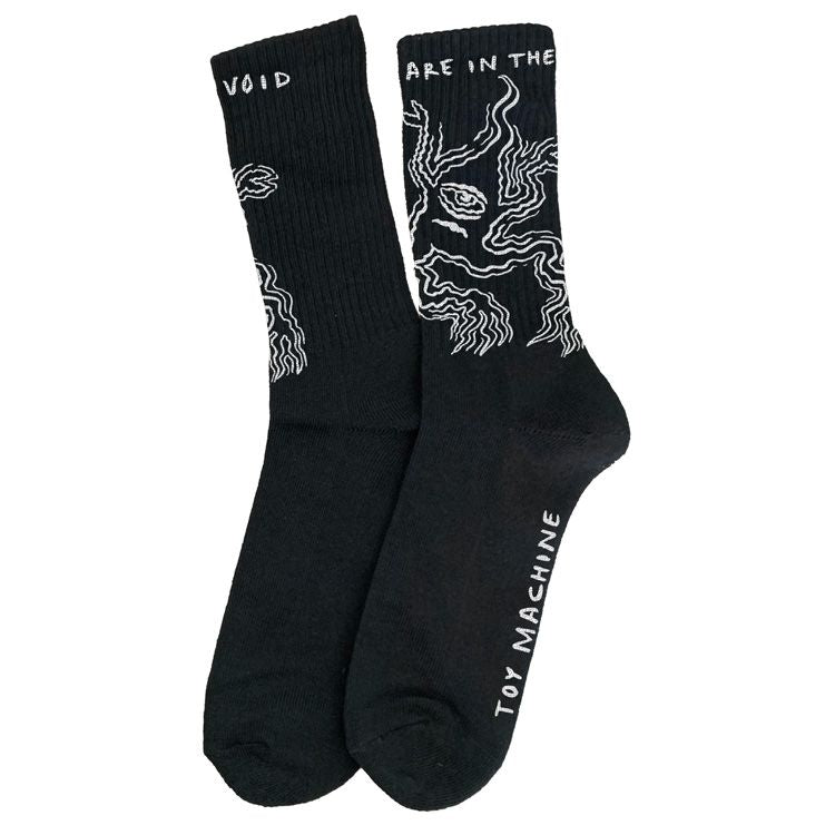 Black socks with white graphics and text on a white background