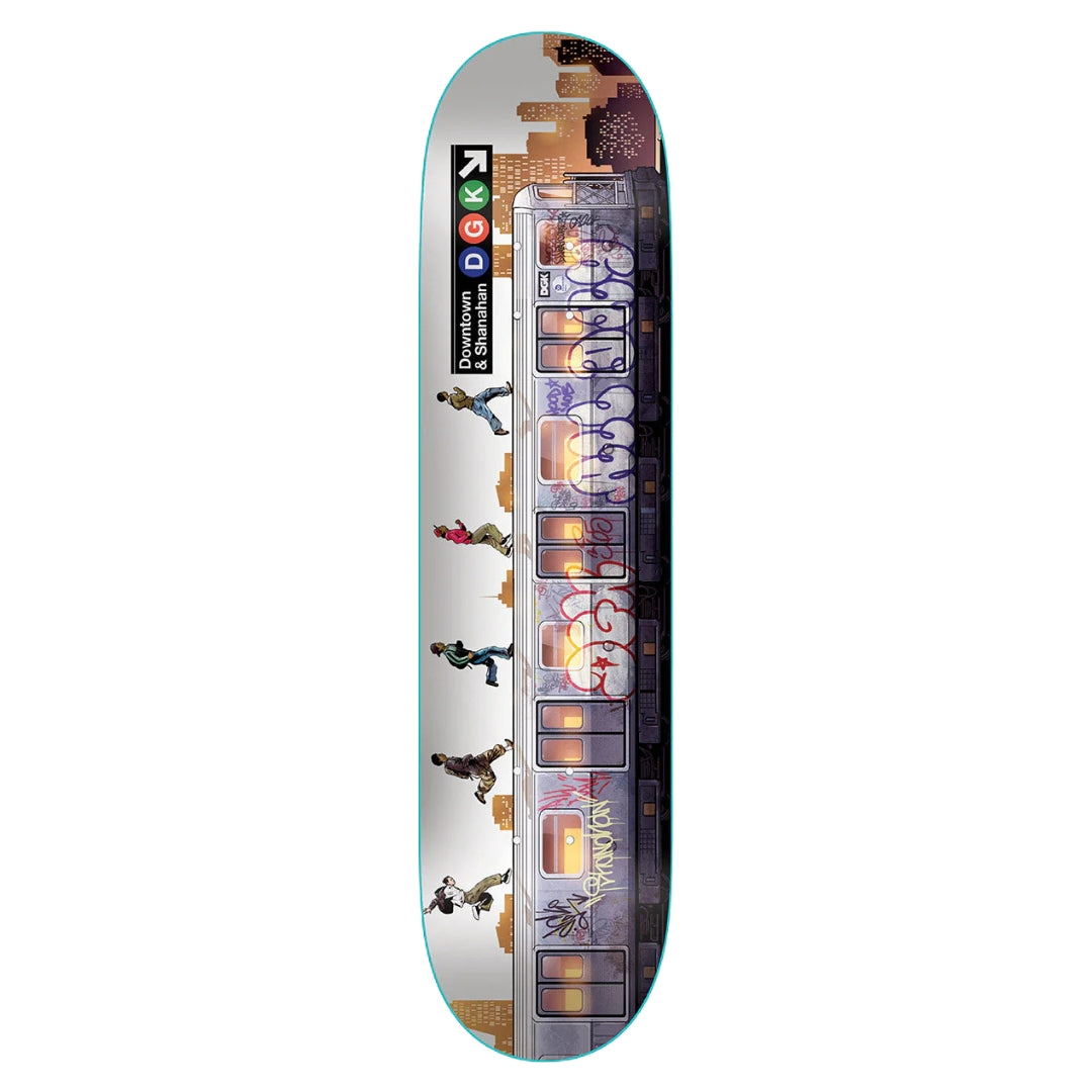 Skateboard deck with cityscape design and visible branding on a white background