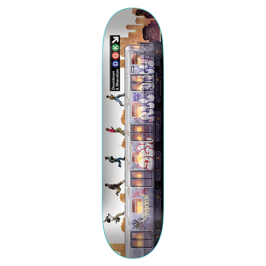 Skateboard deck with cityscape design and visible branding on a white background