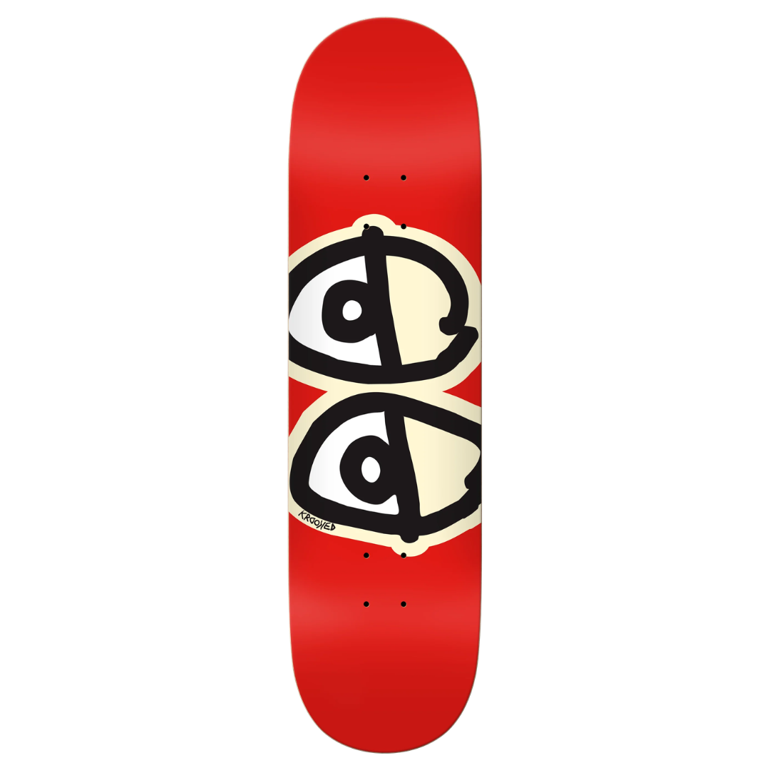 A red skateboard deck featuring a large graphic of two stylized eyes in black and cream, with the 'Skate Shop' logo printed near the bottom.
