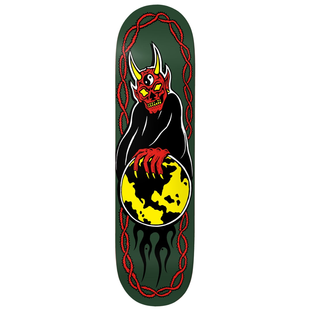 Skateboard deck with a devil graphic design on a green background