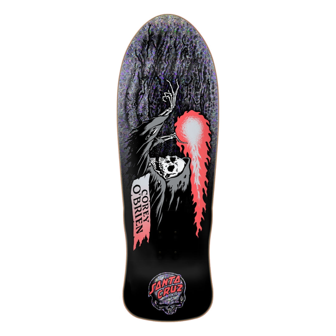 Skateboard deck with a graphic design featuring a ghost and red elements on a black background.
