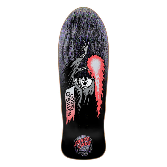 Skateboard deck with a graphic design featuring a ghost and red elements on a black background.