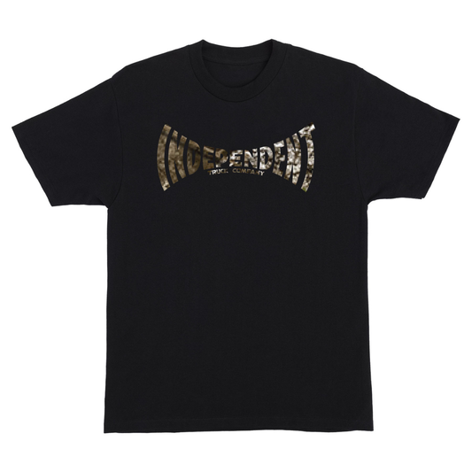 A black short-sleeve crewneck t-shirt featuring a camouflage patterned 'INDEPENDENT TROPICS COMPANY' logo across the chest, displayed on a solid white background.