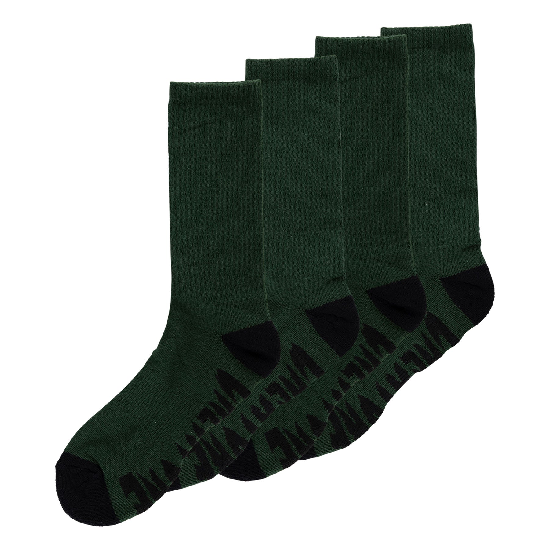Four dark green socks with black toes and heels on a white background