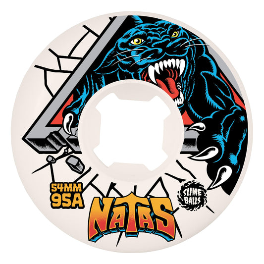 Skateboard wheel with a panther design and 'Natas' branding on a white background