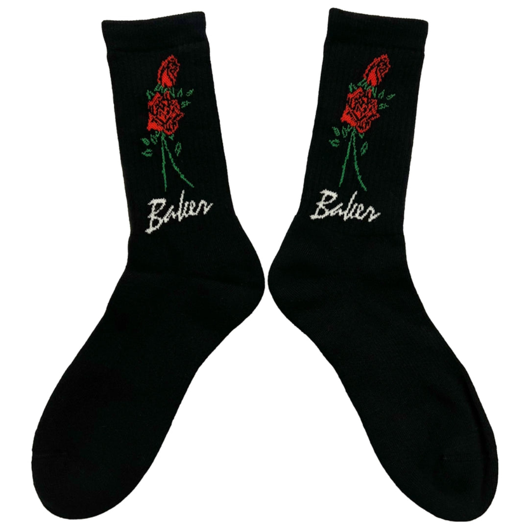 Black socks with red roses and 'Baker' text on a white background