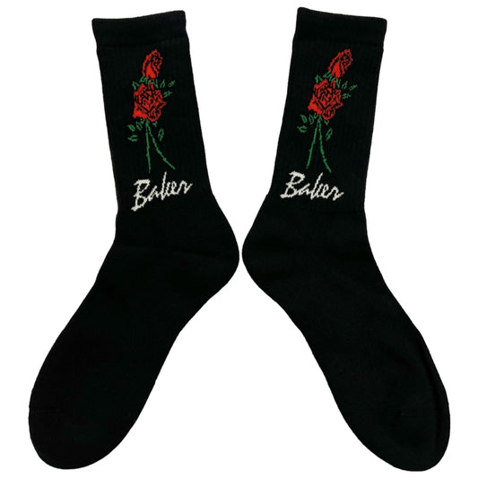 Black socks with red roses and 'Baker' text on a white background