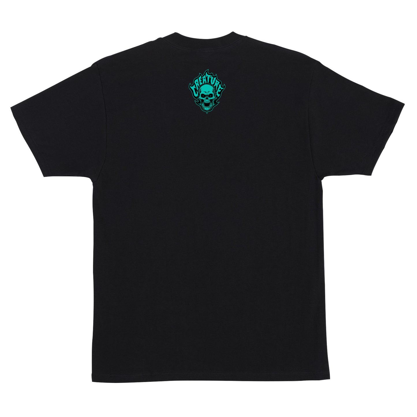 Black t-shirt with a green logo on the chest against a white background