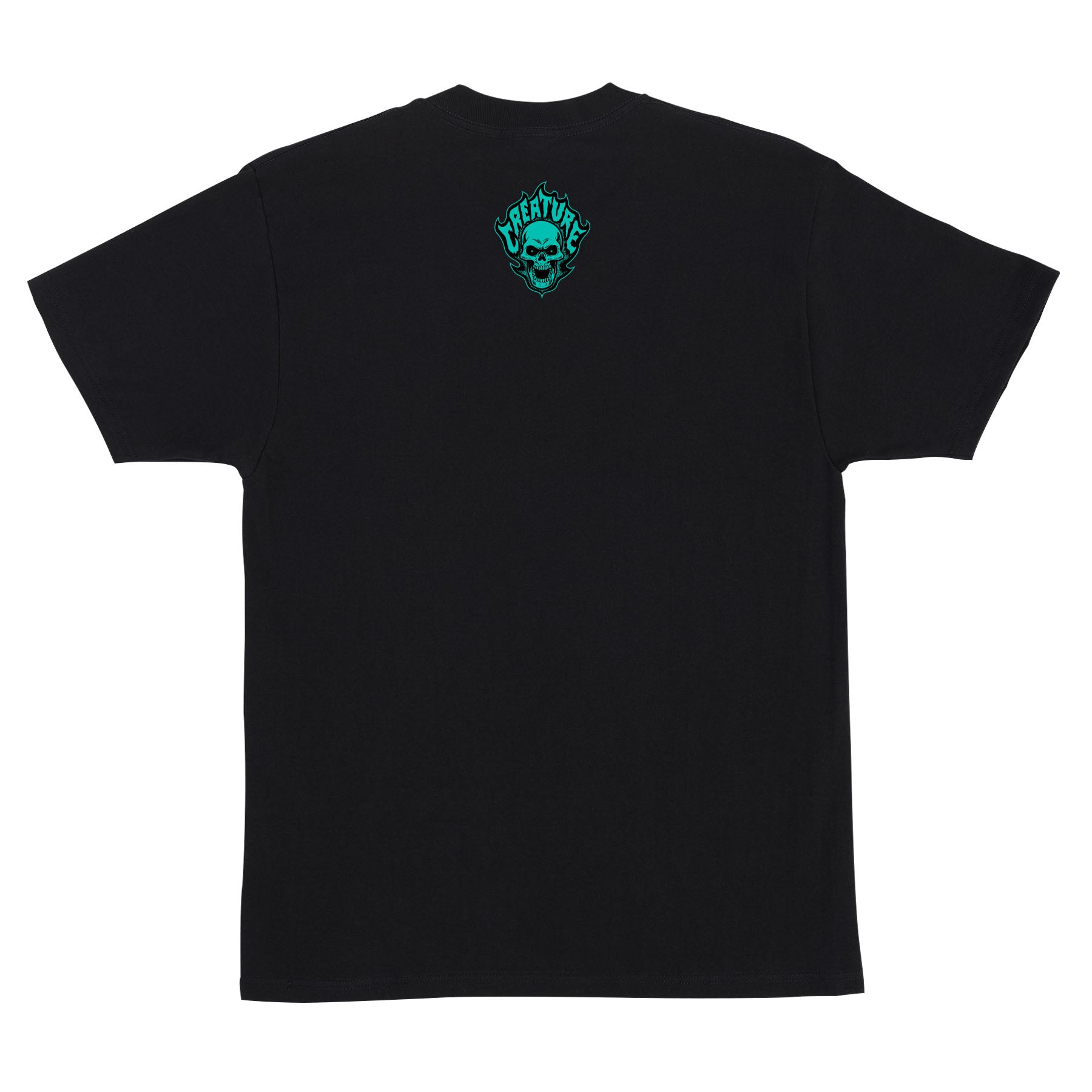 Black t-shirt with a green logo on the chest against a white background