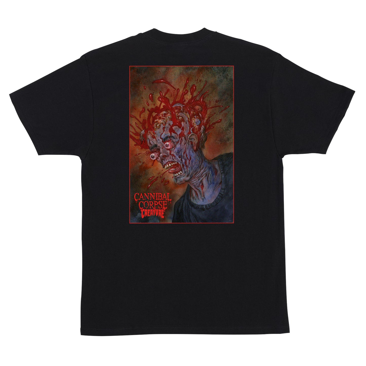 Black t-shirt with a graphic design on the back featuring a stylized face with red hair and text.