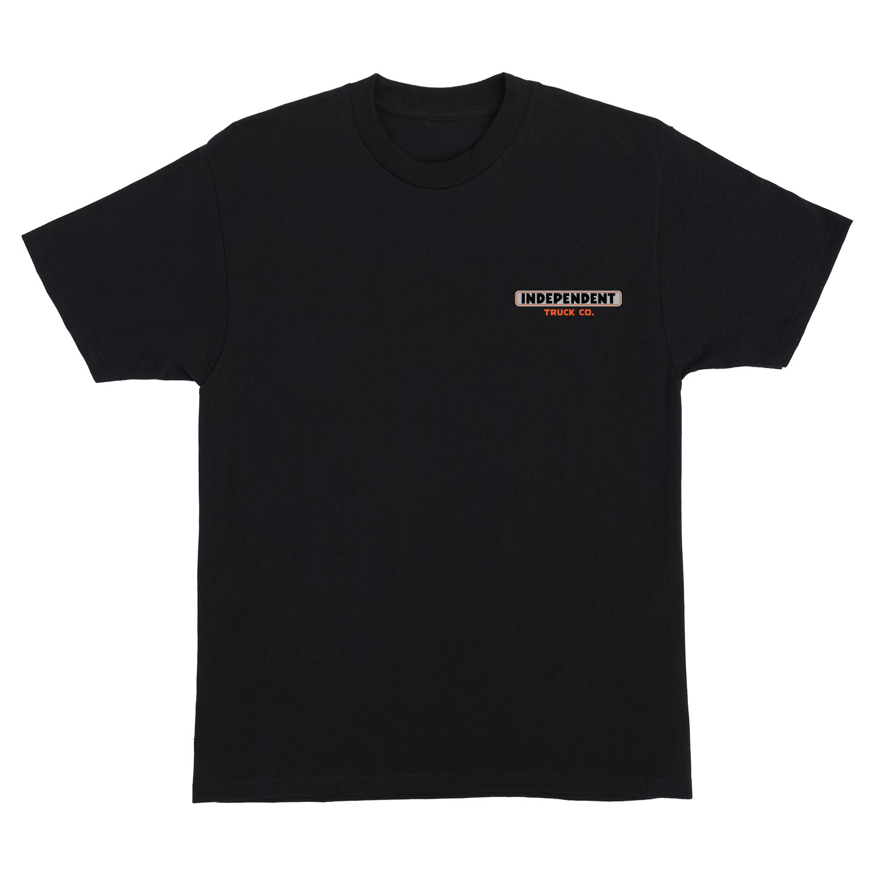 Black t-shirt with a small logo on the chest against a white background