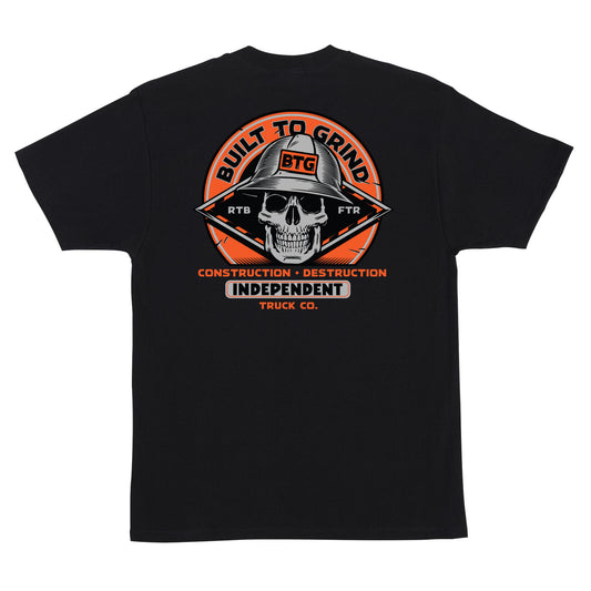 Black t-shirt with a graphic design featuring a skull, helmet, and text on the back.